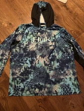 Huk Performance Fishing Shirt Mens 3XL Blue Camo Long Sleeve Hoodie UPF EUC