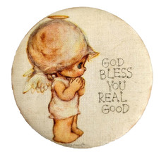 Hallmark BUTTON PIN Mary Hamilton Vtg ANGEL God Bless You Real Good 1973 RARE FB