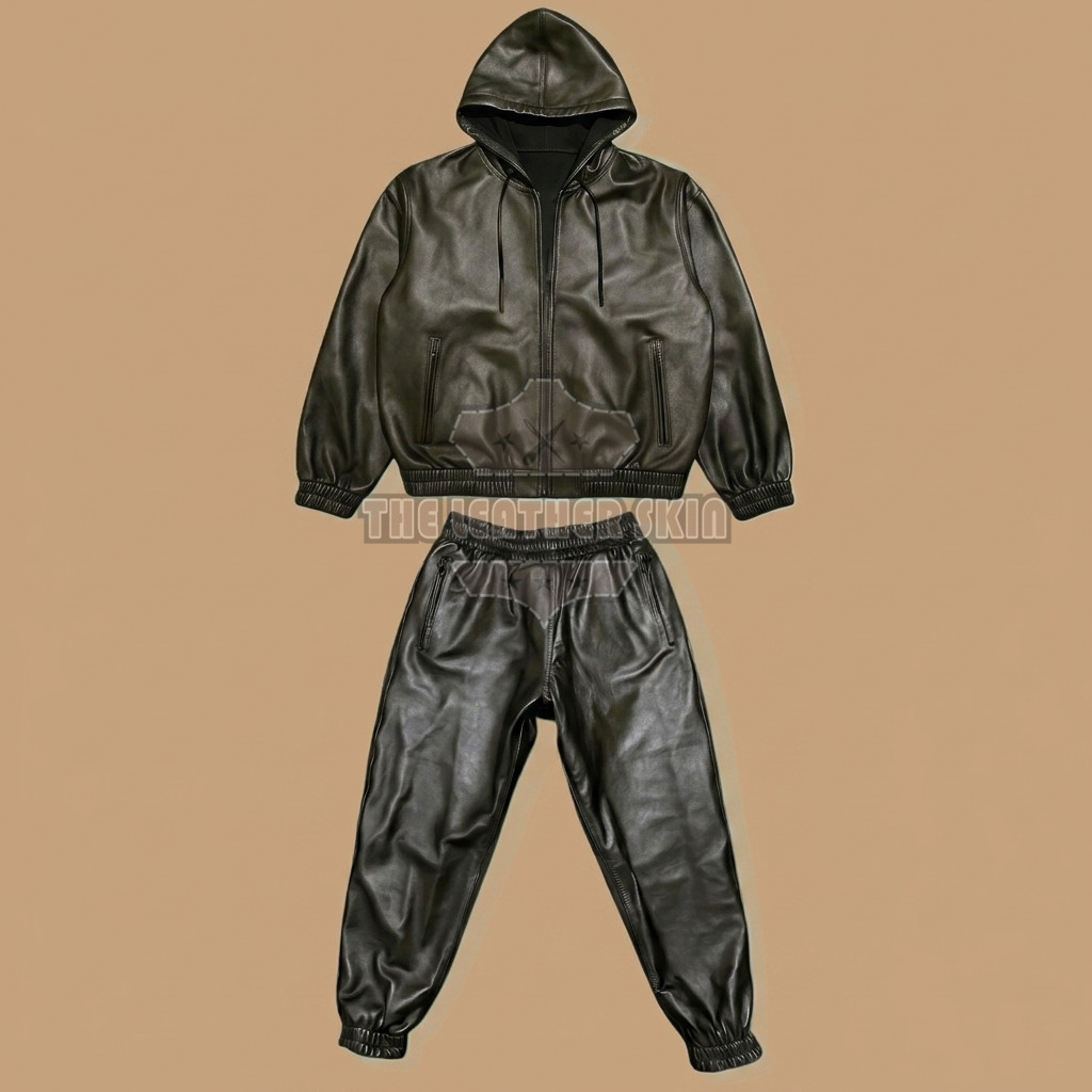 Men's Genuine Real Lambskin Black Leather Track Suit Sweatsuit Jogging Tracksuit