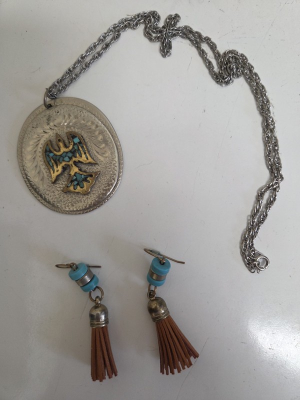 VTG STERLING SILVER NAVAJO TURQUOISE THUNDERBIRD PENDANT NECKLACE 14” W/EARRINGS