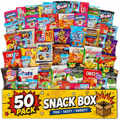 Snack Variety Care Package Gift Box, 50 Count Ready To Gift Assorted Snacks With