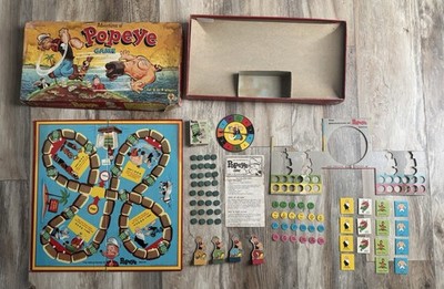 1957 Adventures of Popeye Board Game Transogram   CLOSE UPS - SEE EVERY PIECE!!