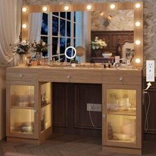 Vanity Desk with Large Mirror and Lights Glass Top Makeup Vanity with Lights