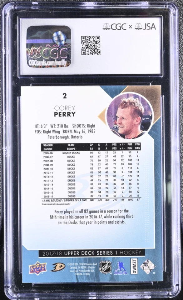 Corey Perry Signed 2017-18 Upper Deck Card #2 Anaheim Ducks CGC 8.5 JSA 9 Auto - Image 2 of 2