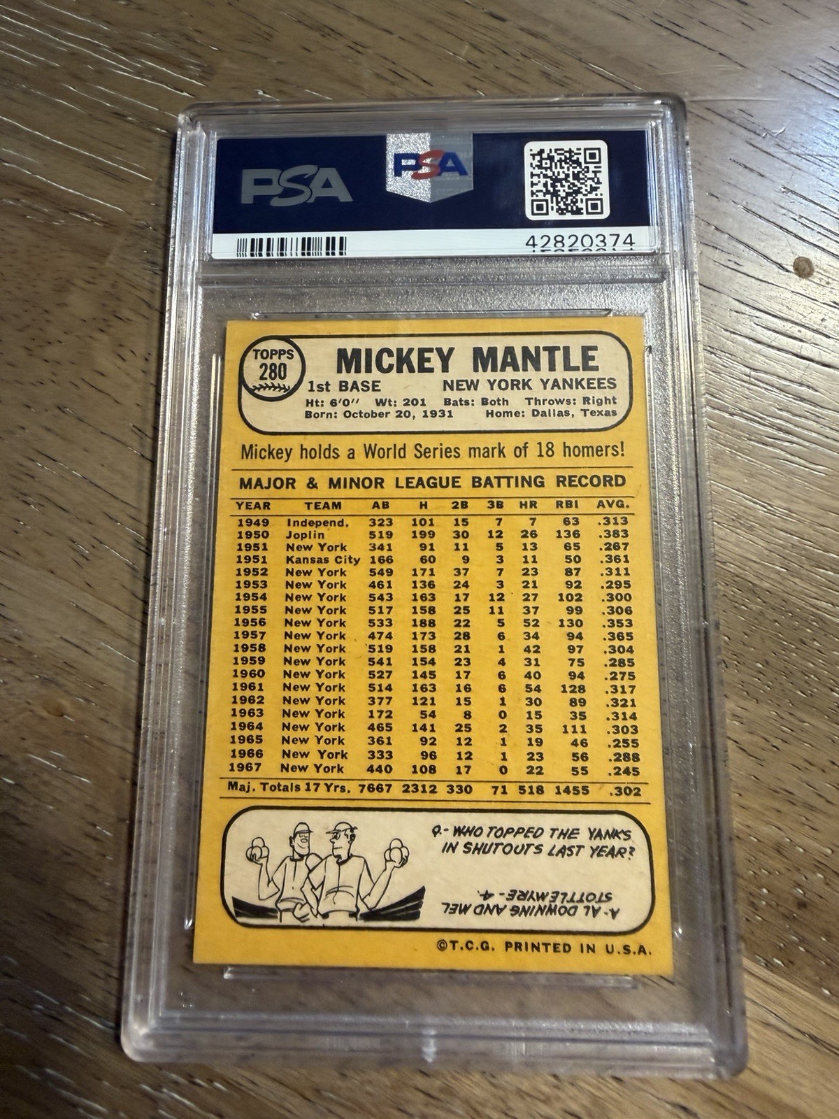 1968 Topps - Mickey Mantle #280 PSA 7 view 2