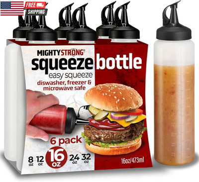 6 Pack Condiment Squeeze Bottles for Sauces and Liquids   16 Oz Plastic Refillab