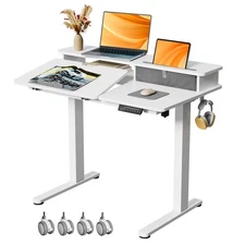 White Standing Desk，60° Tiltable Height Adjustable Electric Rising Desk，40Inc...