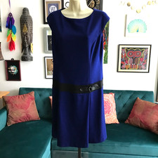 LONDON TIMES size 12 Royal Blue Stretch Knit Cap Sleeve Pleated Shift Dress