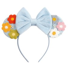 Light Blue Velvet Mouse Ear Headband with Crochet Flower Decorations - A Char...
