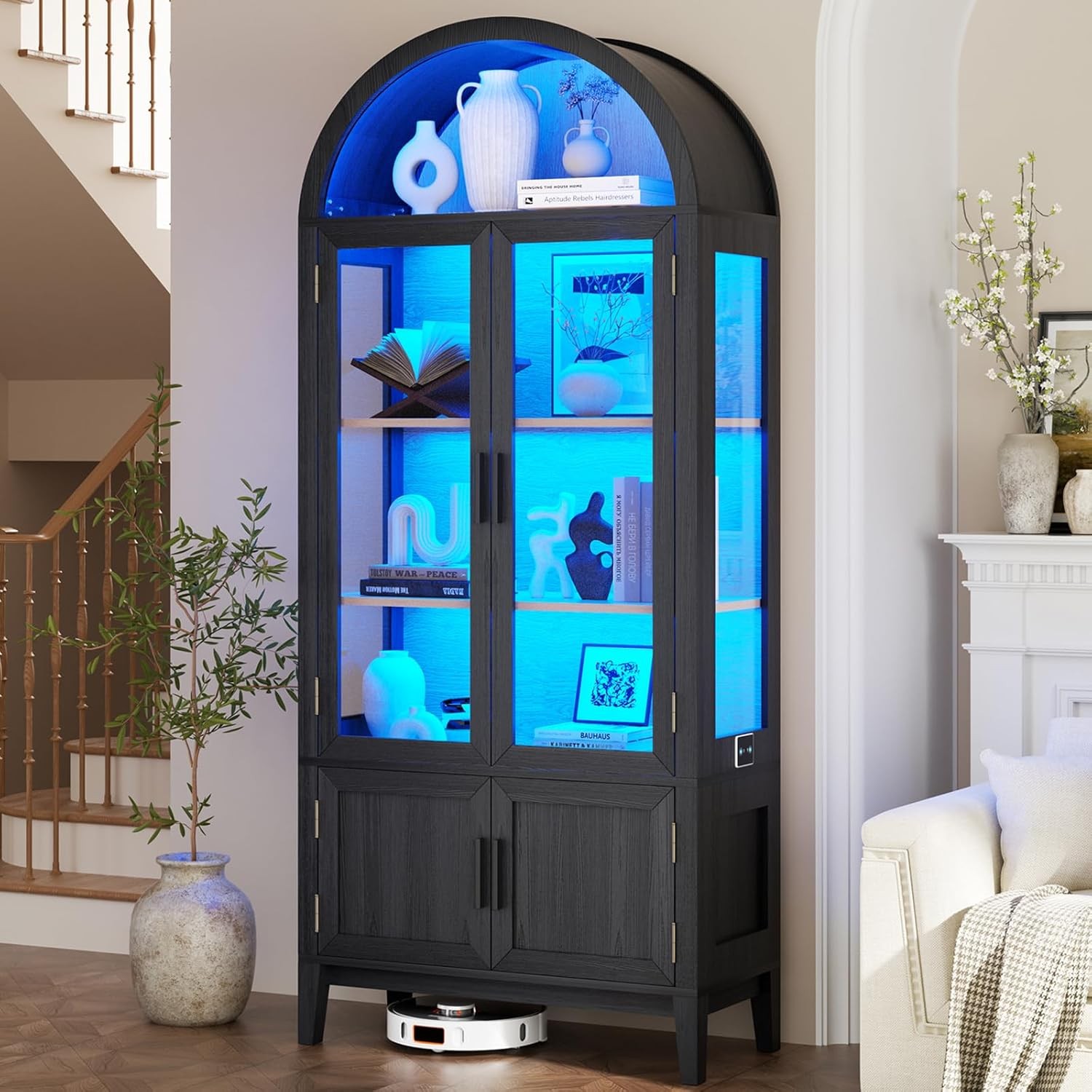 71-Inch Arched Pantry Cabinet with 5 Shelves and Glass Doors for Kitchen Storage