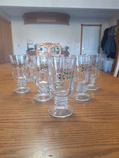 Libbey Vintage Christmas Holly Berry Hot Chocolate Footed Handled 6 Glass Mugs