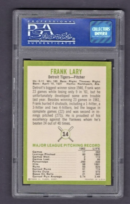 1963 FLEER BASEBALL #14 FRANK LARY DETROIT TIGERS SET BREAK GRADED PSA 8 NM-MT - Image 2 of 2