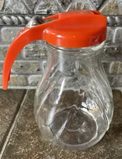 Vintage Syrup Server Glass Red/ Orange Plastic Lid MCM