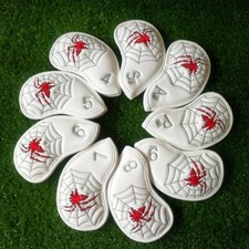 9pcs/set White PU Leather with Spider Embroidery Golf Club Iron Head Covers