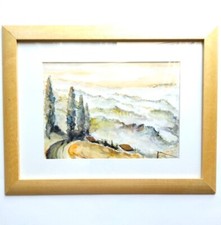 Brouillard sur la Vallée Périgord Dordogne Aquarelle Signée Cadre 35 x 45 cm