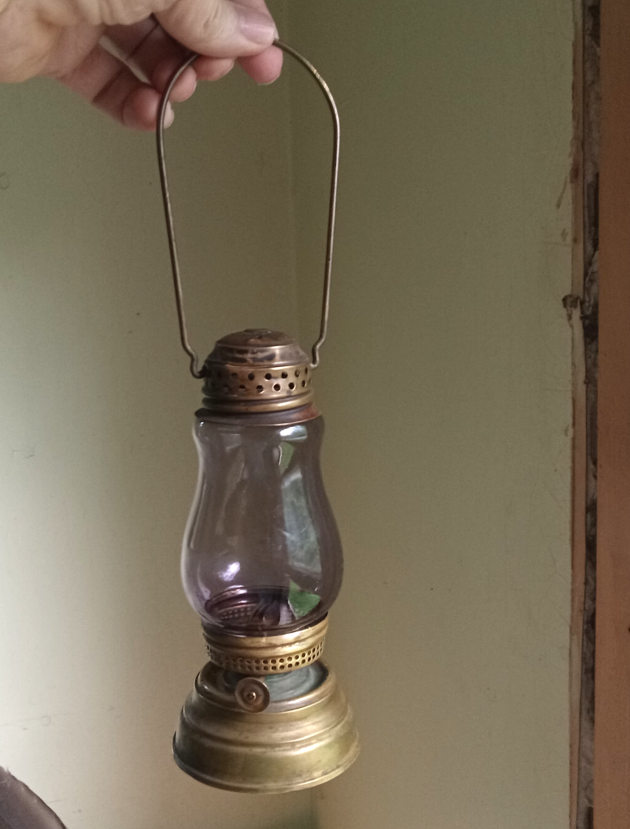 1890s BRASS SKATER'S LANTERN WITH AMETHYST GLASS GLOBE & BRASS