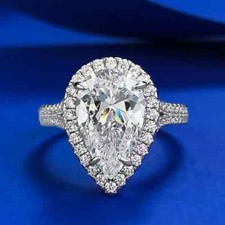 Image of 3.27 TCW Pear Cut Moissanite Halo Women's Engagement Ring 14K White Gold Plated