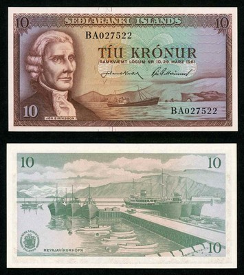 Iceland 29 March 1961 Ten Kronur Banknote Jon Eriksson Reykjavik Harbor P42 CU