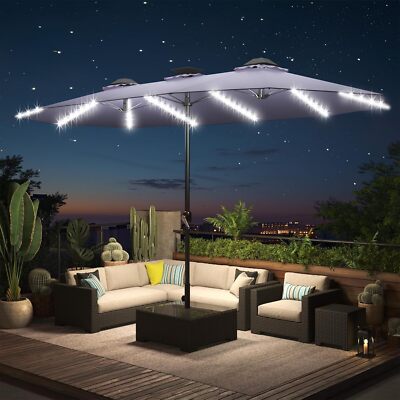 15 ft tilting patio umbrella Emma and Oliver Ewing Weather and Water-Resistant Triple Head with Crank Handle and Easy Lift in Tan sunny day will be yours to cherish with a polyester canopy that provides UV 50 protection Alpha Joy 15ft Extra Large