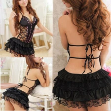 Women Sexy Lingerie Babydoll Halter Cake Skirt Sexy Lace Pajamas Sexy Mini Dress