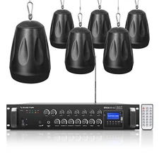 Sound Town 6-Zone 70V/100V Amp, 6 x Pendant Speakers, Black(STCA180X6PD4B)