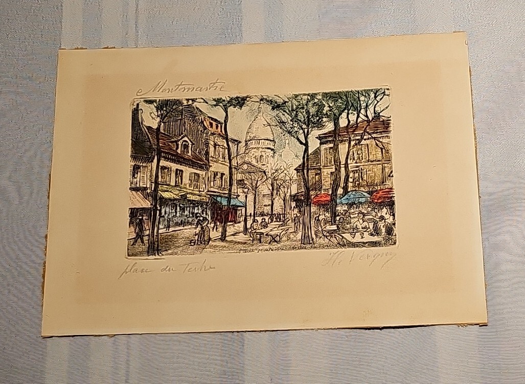 PARIS, Montmartre, Place du Tertre Ansicht etching signed free