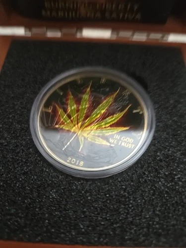 2018 BURNING LIBERTY MARIJUANA SATIVA Color 1oz Silver Coin w/24K Gold Ruthenium