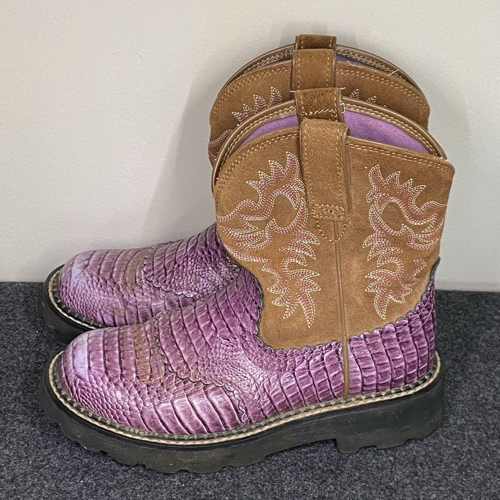 Ariat Fatbaby Cowgirl Boots Size 6.5B Brown with Purple Croc Pattern Western Style
