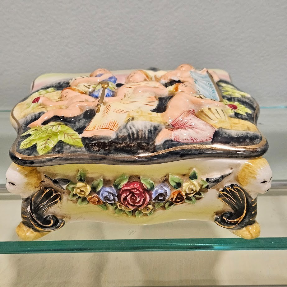 Vintage Capodimonte Porcelain ceramic Footed Trinket Box Made in Italy