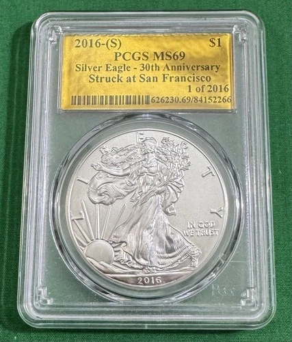 2016 (S) SILVER EAGLE PCGS MS69 Super Rare SAN FRANCISCO MINT GOLD FOIL LABEL