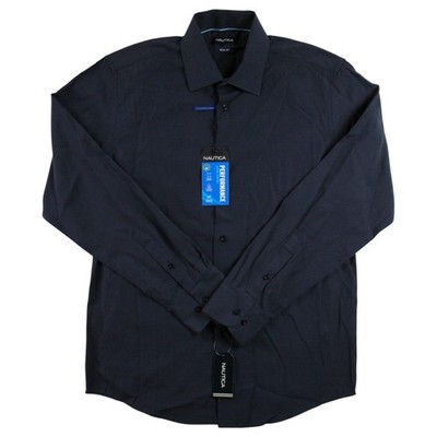 Nautica Performance Shirt Mens M 15 15.5 32/33 Slim Fit Navy Button Front  $79 | eBay