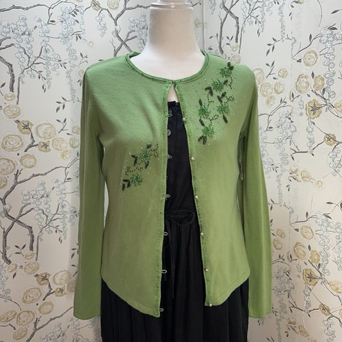 Dress Barn Green Beaded Cardigan Sz S Pearl Buttons Long Sleeves Spring NWT - Picture 1 of 8