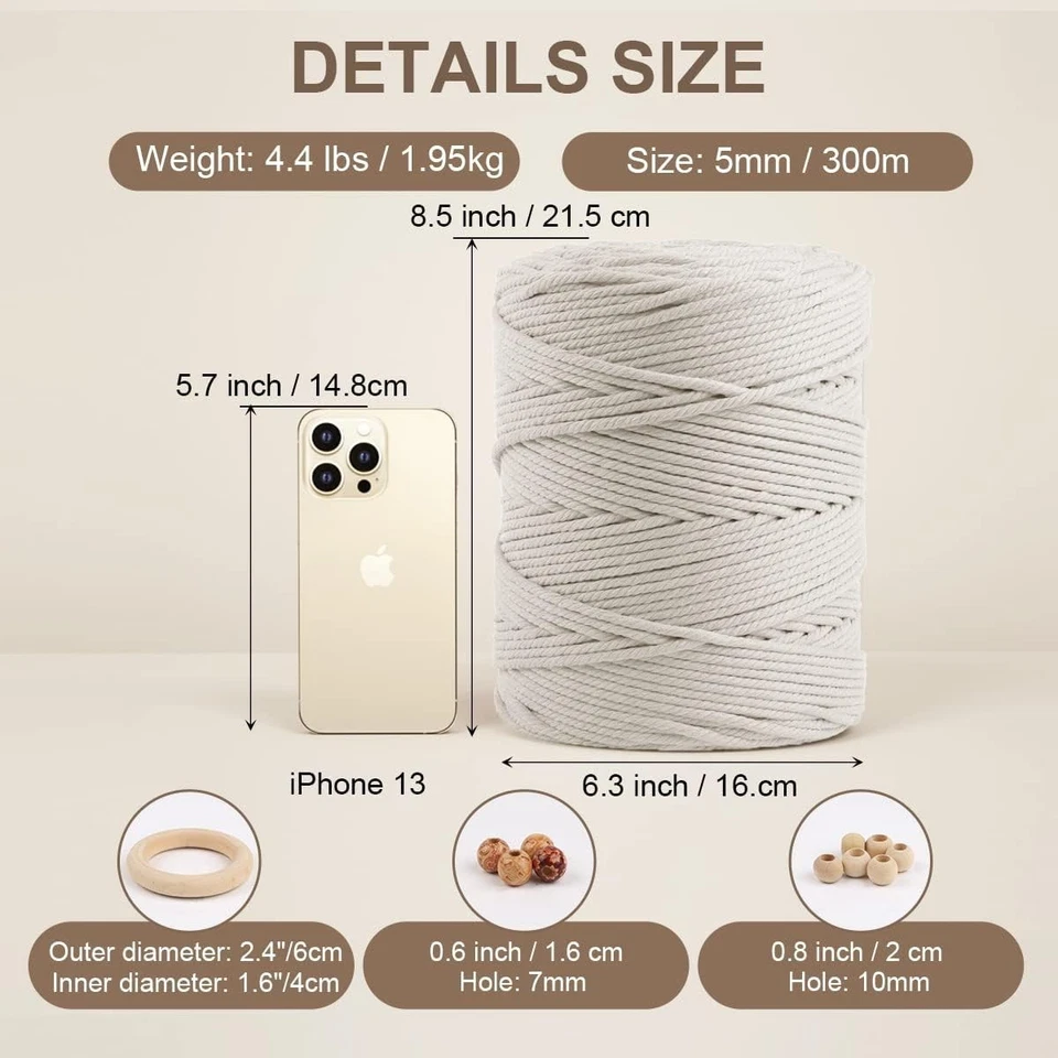 Натуральный хлопковый шнур 5 мм 328 ярдов бежевый белый сделай сам веревка для рукоделия - Изображение 4 из 4