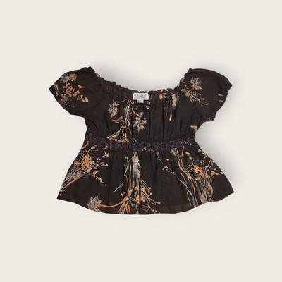 Vintage Y2k La Belle black floral graphic empire waist sheer milkmaid shirt