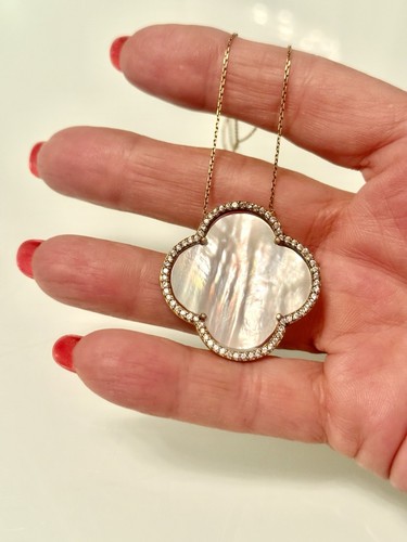 925 SS/GOLD VERMEIL~FAUX MOTHER OF PEARL~CZ CLOVERLEAF NECKLACE 16”+2” - Picture 4 of 11