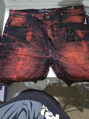 Lavish Society Denim Shorts Mens 42 Red/black Distressed NWT
