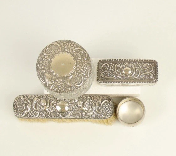 Hallmarked Silver and Glass 3-piece Dresser Set + Hallmarked Napkin Ring - image 2 of 4