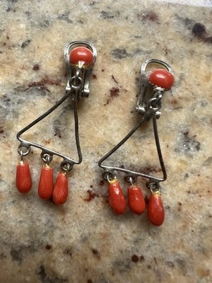   Zierliche Ohrclips, Ohrringe - Koralle - Art Deco, Jugendstil - Silber 800  