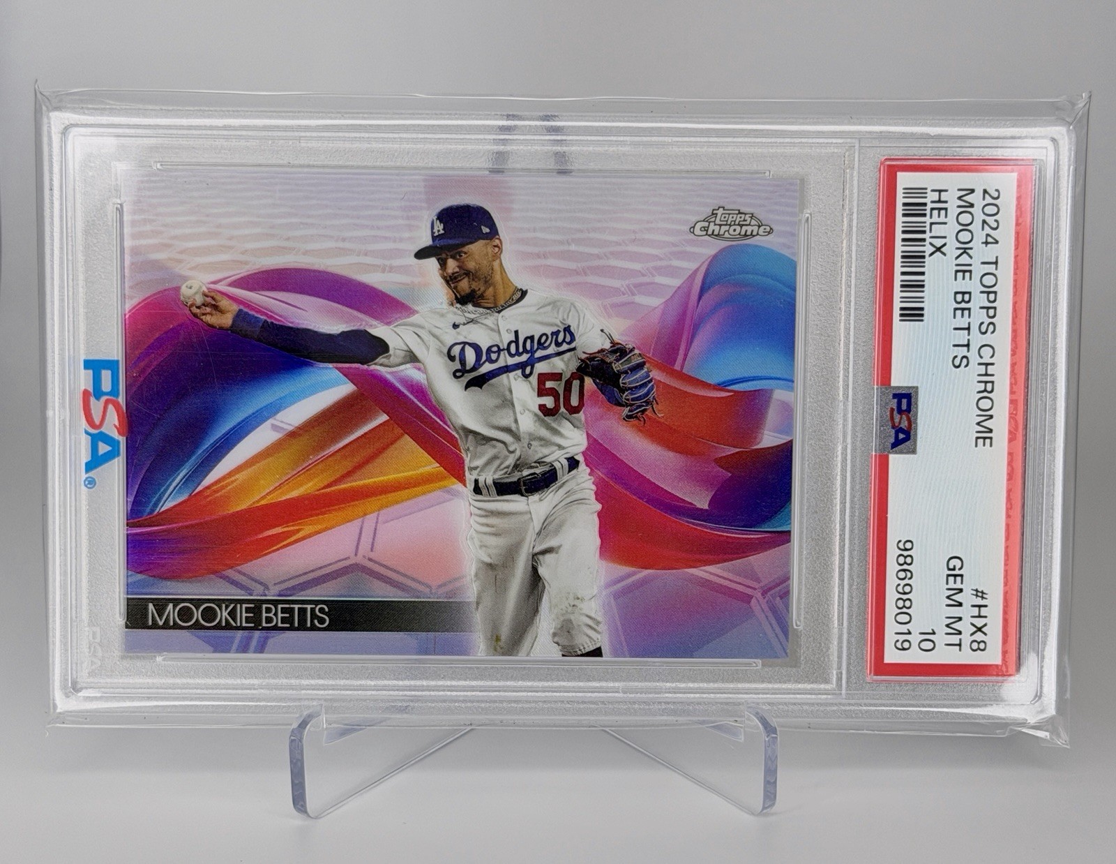 Mookie Betts #HX-8 Baseball Cards 2024 Topps Chrome Helix trading card — raw and PSA graded price guide