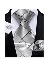  Plaid Ties for Men Silk Checkered Necktie and Pocket Square Silver Grey Plaid