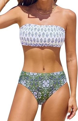 CUPSHE Bikini Set Damen Bandeau Oberteil Rücken zum Binden Schwimmkostüm Mid Waist Bikini
