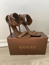 Vtg Gucci Ursula gold Horse bit Ankle Strap Heeled Sandals size 36 1/2 brown