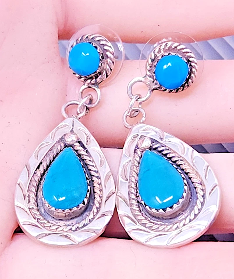 Pendientes colgantes vintage navajo "I" de plata de ley 925 turquesa Foto 2 de 4