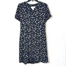 Vtg 90s Petite Sophisticate Button Front Rayon Dress Micro Floral Grunge