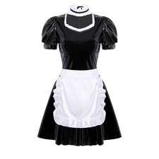 Sissy Shiny PVC Leather Maid Dress with White Apron Cosplay