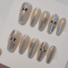Ribbon Point Handmade Nail Tips Set - New, Glitter Design, M Size