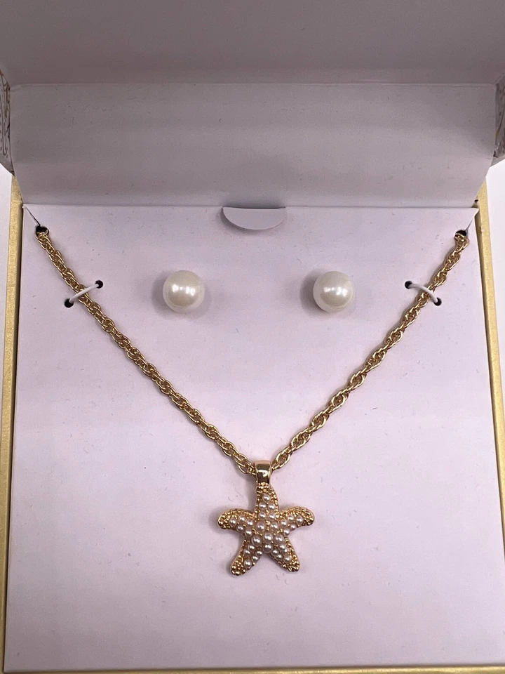Juego de 2 pendientes de perlas de imitación y colgante de estrellas de mar Charter Club tono dorado Foto 3 de 4