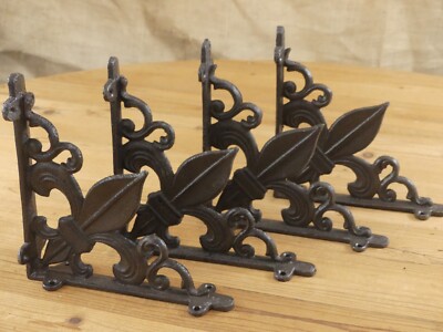 4 Fleur De Lis Shelf Brackets Cast Iron Braces Rustic Corbels 7 3/8'' X 7 1/4''