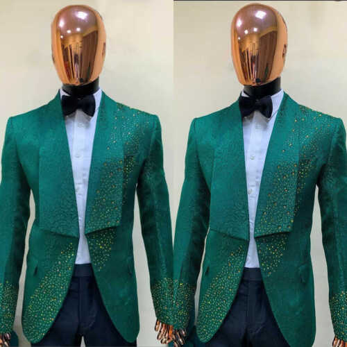 Men's Suit Shawl Lapel Green Suit With Diamond Jacket Party Suit Custom - Picture 1 of 9