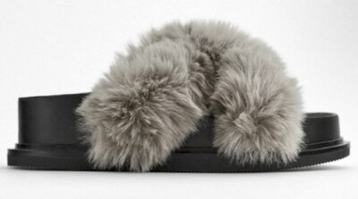 ふわ Zara Gray Faux Fur Low Heel Black Platform Sandals Flip
